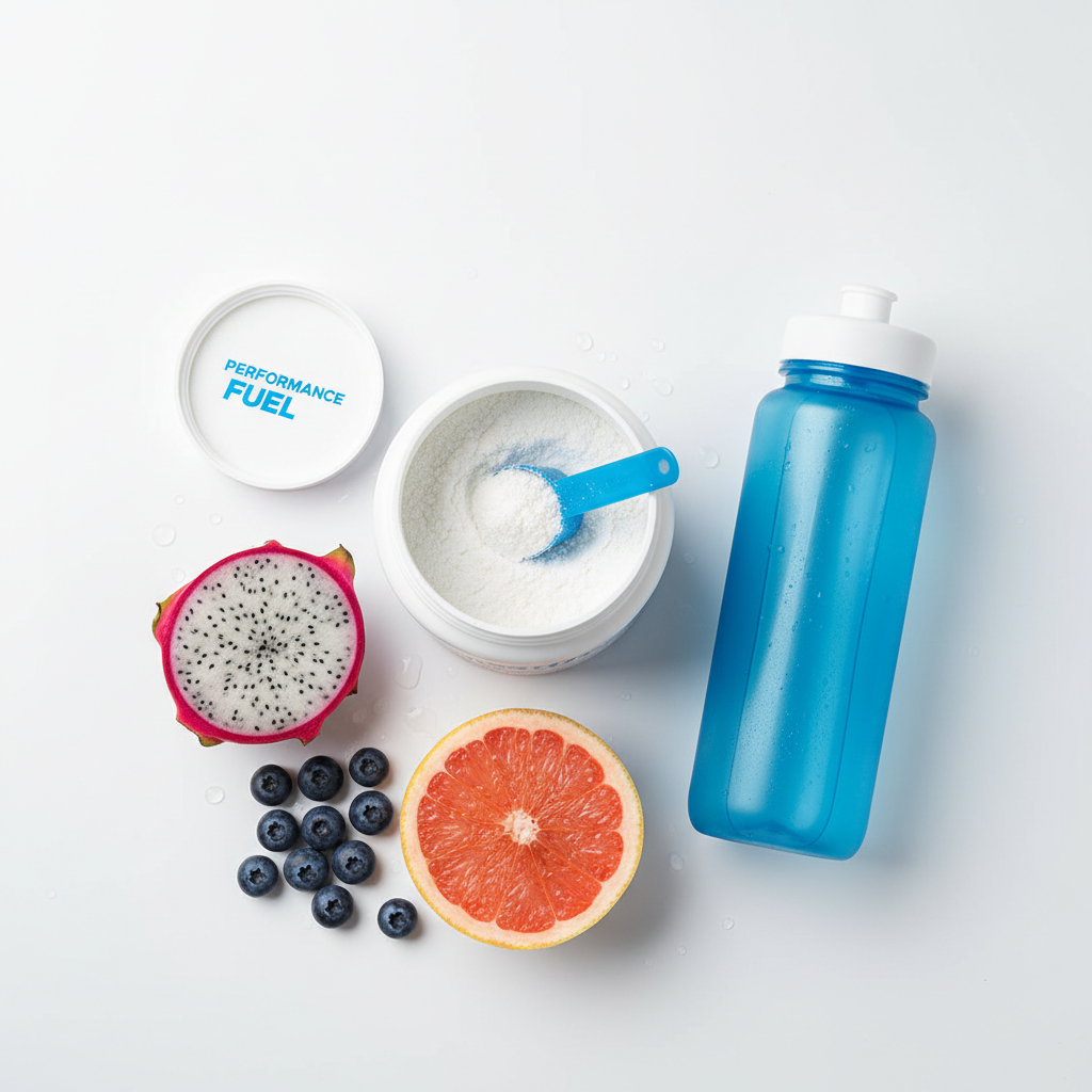 Supful Creatine Monohydrate flat lay with scoop and fruit