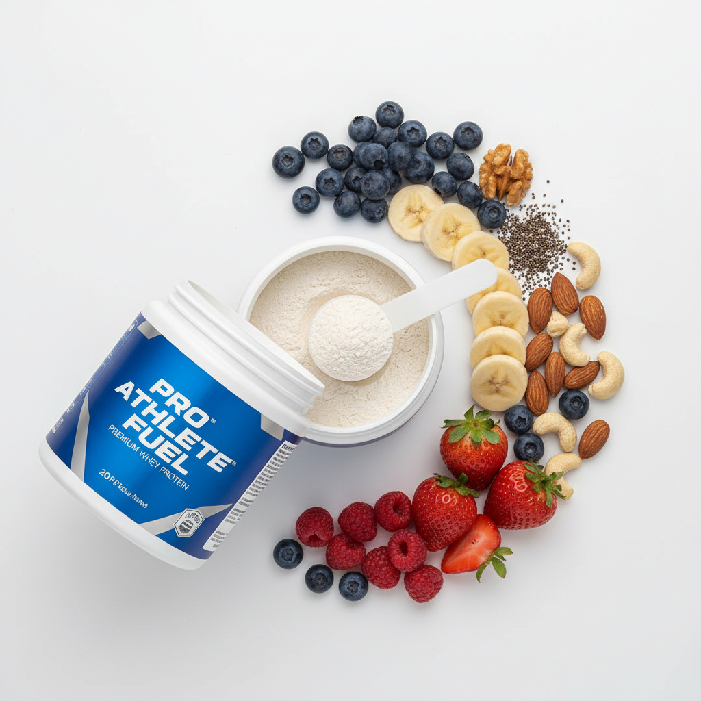 Supful Whey Protein Powder flat lay with scoop, fruits and nuts